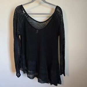 Free People L Large Black Asymetrical Sheer Lace Top Whimsigoth Witchy Oversized